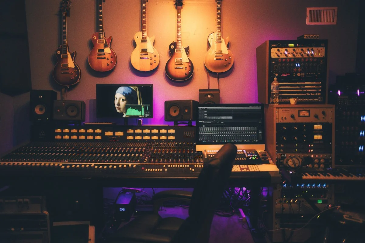 Professional audio mixing console with faders and production controls